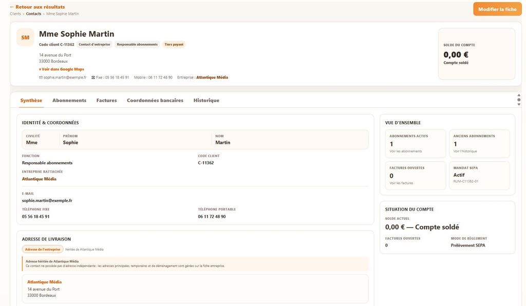Fiche de contact d’un abonné