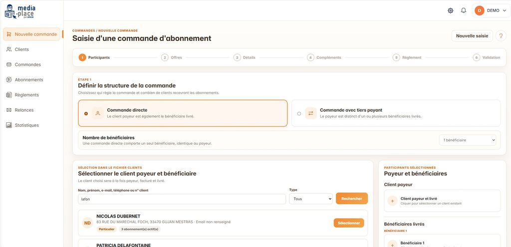 Écran de saisie d’une commande d’abonnement dans Media-place